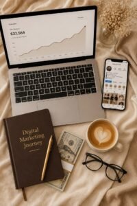 Digital marketing workspace featuring a laptop with analytics, smartphone with social media insights, and a notebook labeled “Digital Marketing .”
